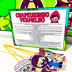 Material educativo do Chapeuzinho Vermelho com personagens coloridos.