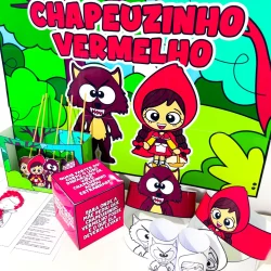Imagem de Chapeuzinho Vermelho e o Lobo Mau em cenário colorido.