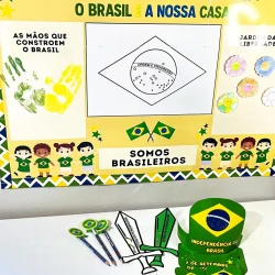 Painel do Dia da Independência com tema Brasil e atividades educativas.