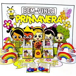 Decoração de primavera com personagens infantis, arco-íris e flores coloridas.