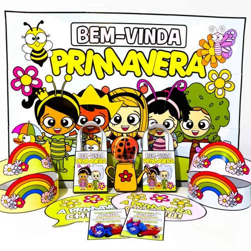 Decoração de primavera com personagens infantis, arco-íris e flores coloridas.