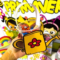 Lembrancinha de chá de bebê com tema de primavera e flores coloridas.