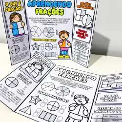 Material educativo sobre frações para crianças, com exemplos e exercícios práticos.