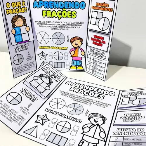 Material educativo sobre frações para crianças, com exemplos e exercícios práticos.
