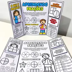 Material didático de frações com desenhos e exercícios para crianças.