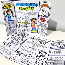 Material didático de frações para crianças, com atividades de leitura e prática.