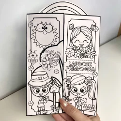 Lapbook de primavera com desenhos de crianças, flores e sol para atividades educativas.