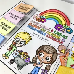 Atividades de primavera com desenhos de arco-íris e flores para crianças.