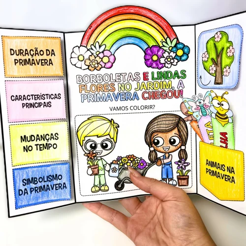 Lapbook da Primavera com desenhos de arco-íris, flores e animais.