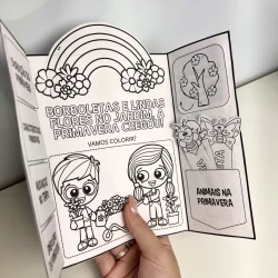 Lapbook da Primavera com desenhos de flores, arco-íris e animais.
