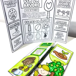 Material didático sobre o Dia da Árvore com desenhos e informações educativas.
