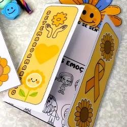 Material educativo com tema Setembro Amarelo e emoções para crianças.