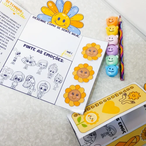Atividades educativas sobre emoções com desenhos e cores vibrantes.