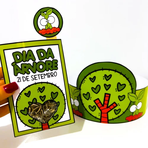 Lembrancinha de papel com tema Dia da Árvore e elementos de natureza.
