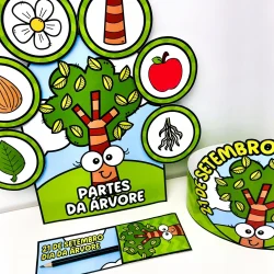 Material didático com desenhos de árvores, folhas e frutos para o Dia da Árvore.