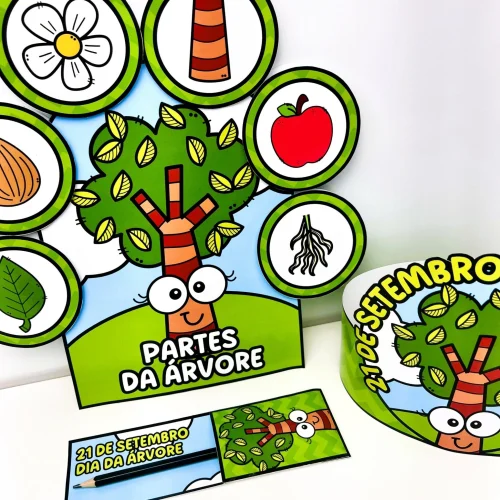 Material didático com desenhos de árvores, folhas e frutos para o Dia da Árvore.