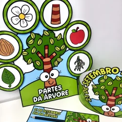 Ilustração de partes da árvore com desenhos coloridos e explicativos.