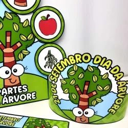 Luva e lembrancinhas com tema de árvores e natureza para o Dia da Árvore.