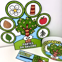 Material didático com árvore, folhas, frutos e elementos da natureza.