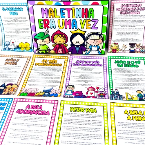 Conjunto de páginas de histórias infantis com personagens coloridos e textos educativos.