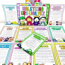 Material educativo infantil com personagens e histórias para crianças.