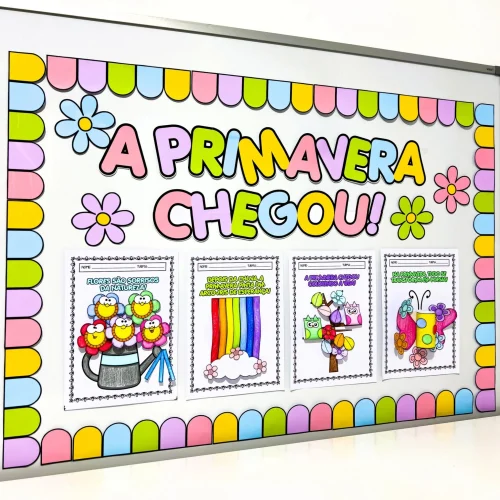 Painel colorido de primavera com atividades para crianças.