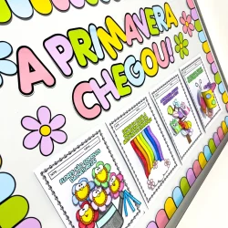Painel de atividades de primavera com desenhos coloridos e temas florais.