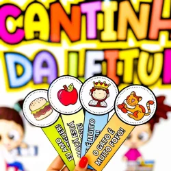 Painel colorido com tema de leitura e personagens infantis.