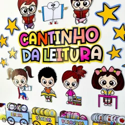 Painel colorido com crianças e elementos de leitura para o Cantinho da Leitura.