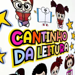 Painel colorido com crianças e livros para o Cantinho da Leitura.