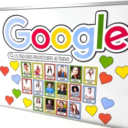 Painel com fotos de professores e logotipo do Google para o Dia dos Professores.