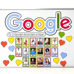 Painel com fotos de professores e o logo do Google para o Dia dos Professores.