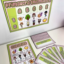 Painel educativo de Primavera Enigmática com letras e figuras.