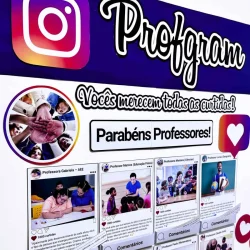 Painel interativo com fotos de professores e alunos, destaque para o projeto Pedagogia de Ideias.