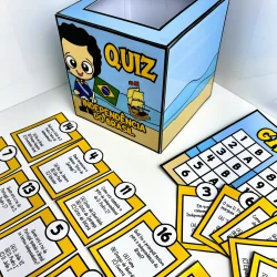 Jogo de quiz sobre a independência do Brasil com cartas e caixa temática.