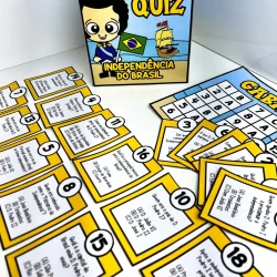 Jogo de perguntas sobre a Independência do Brasil com cartas e tabuleiro.