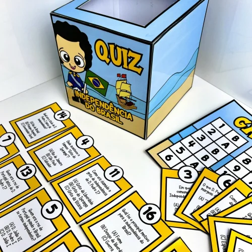 Jogo de quiz sobre a independência do Brasil com cartas e caixa temática.