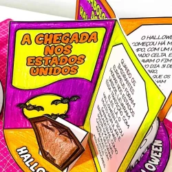 Atividade de Halloween com história e símbolos assustadores.