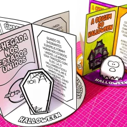 Atividade de Halloween com livros e decoração temática.