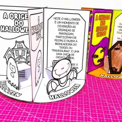 Atividade de Halloween para crianças com livros e decoração temática.