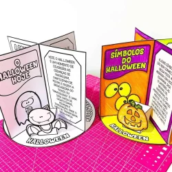 Cartazes de Halloween com símbolos e informações educativas.
