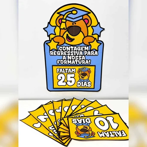 Cartaz de contagem regressiva para formatura com urso de chapéu de graduação.
