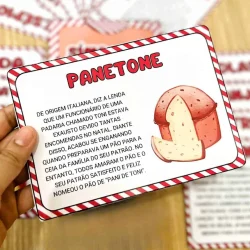 Cartão com história do Panettone e ilustração de pão italiano.