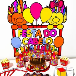 Decoração de festa com personagens, balões e bolo temático do cabelo maluco.