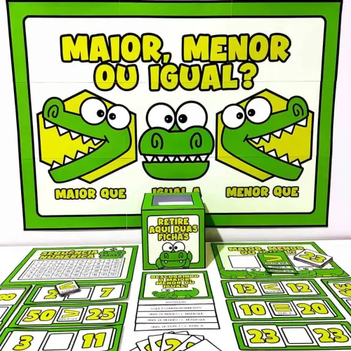 Jogo de cartas e fichas para aprender maior, menor ou igual.