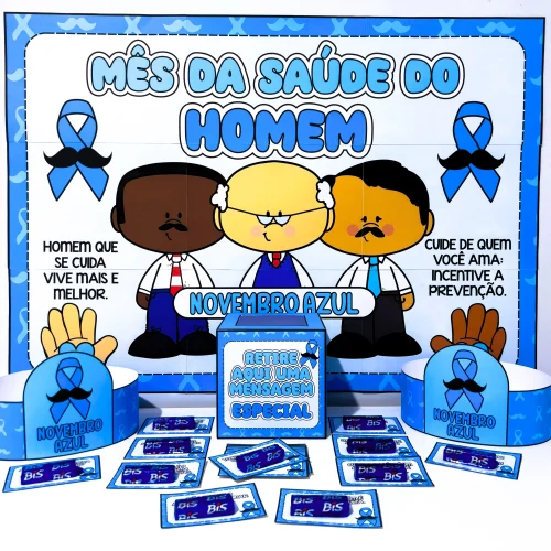 Decoração de novembro azul com tema de saúde masculina e lembrancinhas.