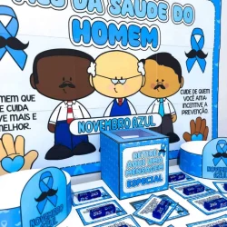 Ilustração de homens com laços azuis promovendo saúde masculina.