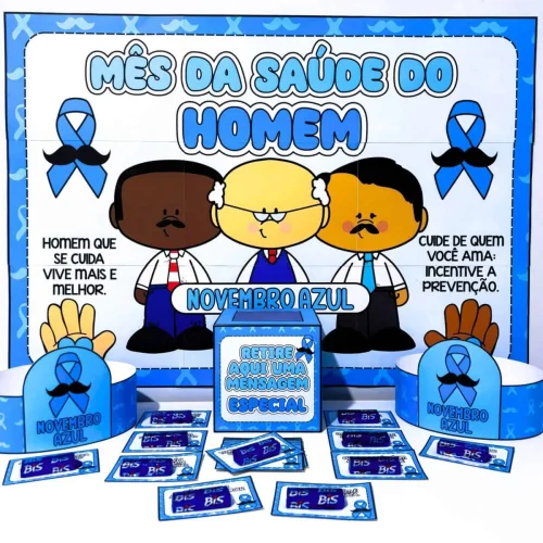 Cartaz de conscientização sobre saúde masculina com símbolos do Novembro Azul.