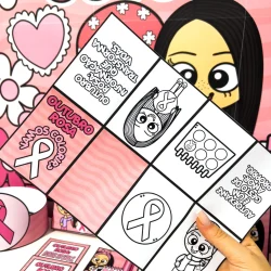 Material educativo do Kit Outubro Rosa com desenhos e mensagens de conscientização.