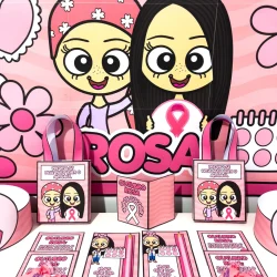 Kit de lembrancinhas Outubro Rosa com personagens fofos e itens decorativos.